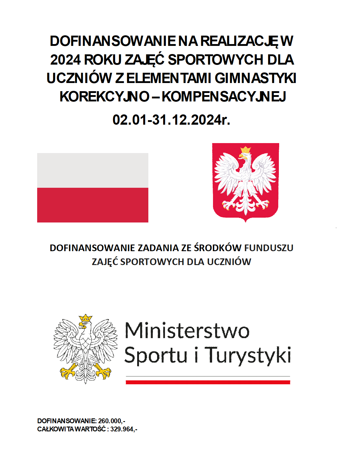 Plakat dotyczący dofinansowania zajęć sportowych dla uczniów